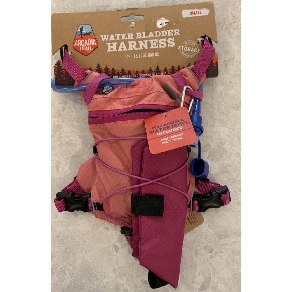 Arcadia Trail Water Bladder Dog Harness Pink Small w/ Collapsible Bowl NEW